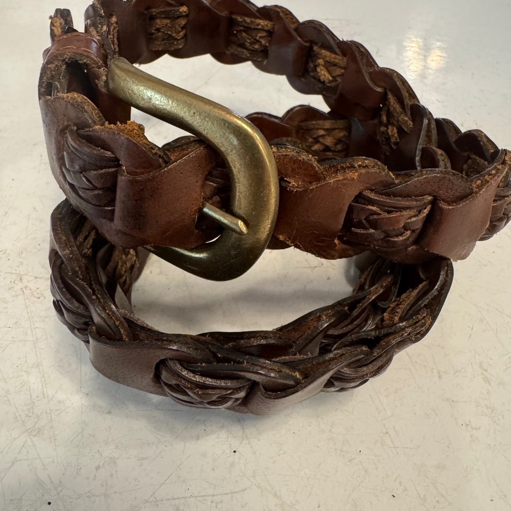 Genuine Leather Woven Belt Womens L Brown Braided Brass Buckle 99748